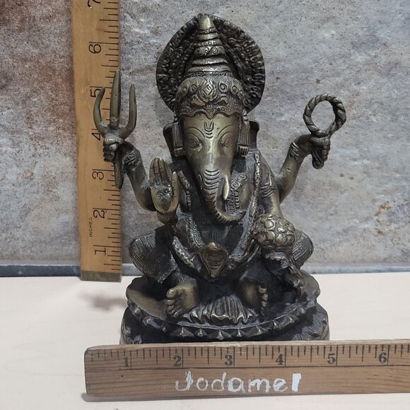 Vintage Metal Brass Seated Ganapati Ganesh Elephant Buddha Statue Sculpture - Picture 10 of 12
